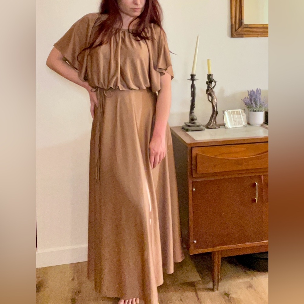 🍁 Fall 1970’s vintage bronze maxi angelic disco Fairy Dress S small petite 70’s - Picture 2 of 7